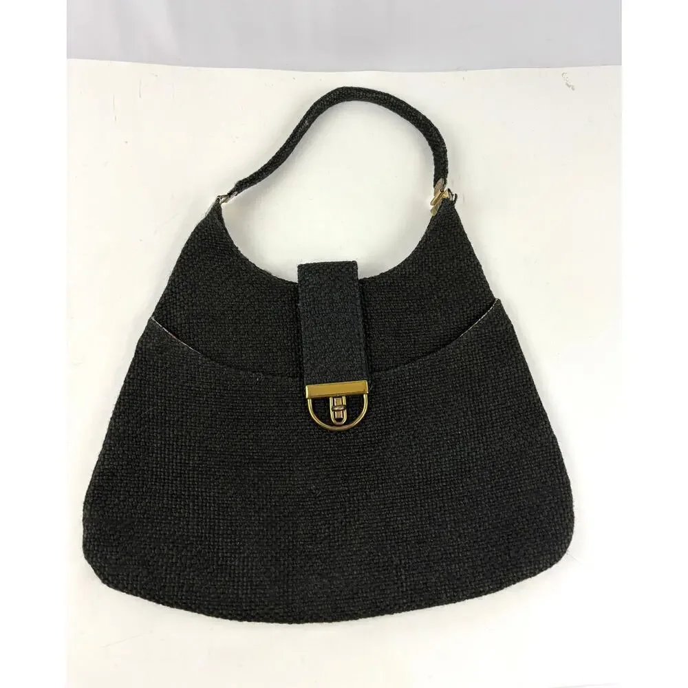 VTG 1970s Charcoal Black Tweed‎ Hobo Bag Gold Hardware Unique